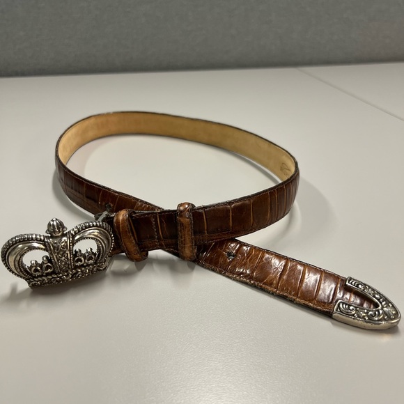 Brighton Vintage Silver Crown Buckle Mock Croc Brown Leather Waist Belt M/L - Picture 8 of 15